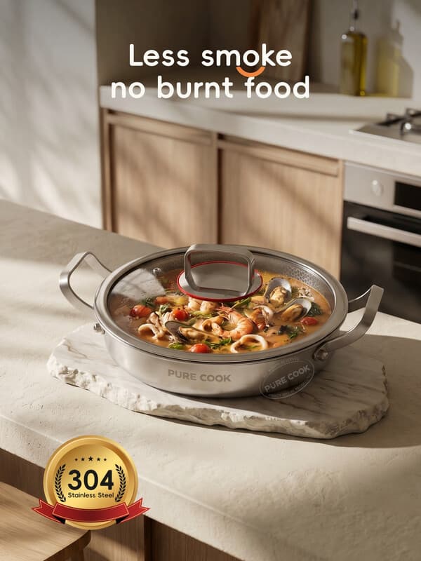 PURECOOK Hotpot-serie | 304 roestvrij staal | 26 cm hotpot met dubbele handgrepen, honingraatstructuur en glazen deksel