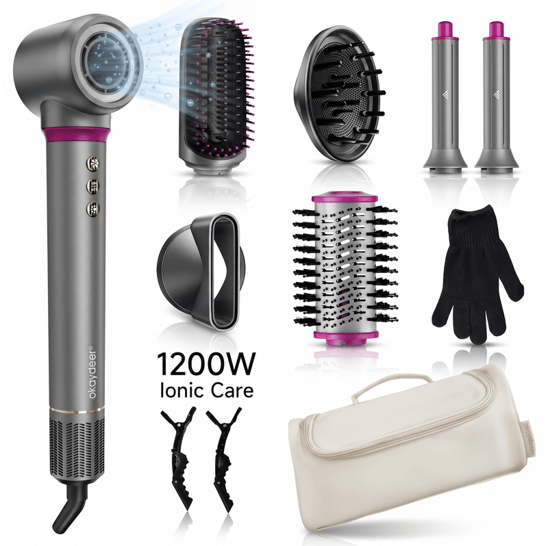Okaydeer Air Styler met Coanda-effect, 7-in-1 High-Speed Föhn & Automatische Krultang, Ionische Föhnborstel voor Snel Drogen en Stylen, Zonder Extreme Hitte, Voor Alle Haartypes, met Reisetui, Metaalgrijs & Rozerood, D1