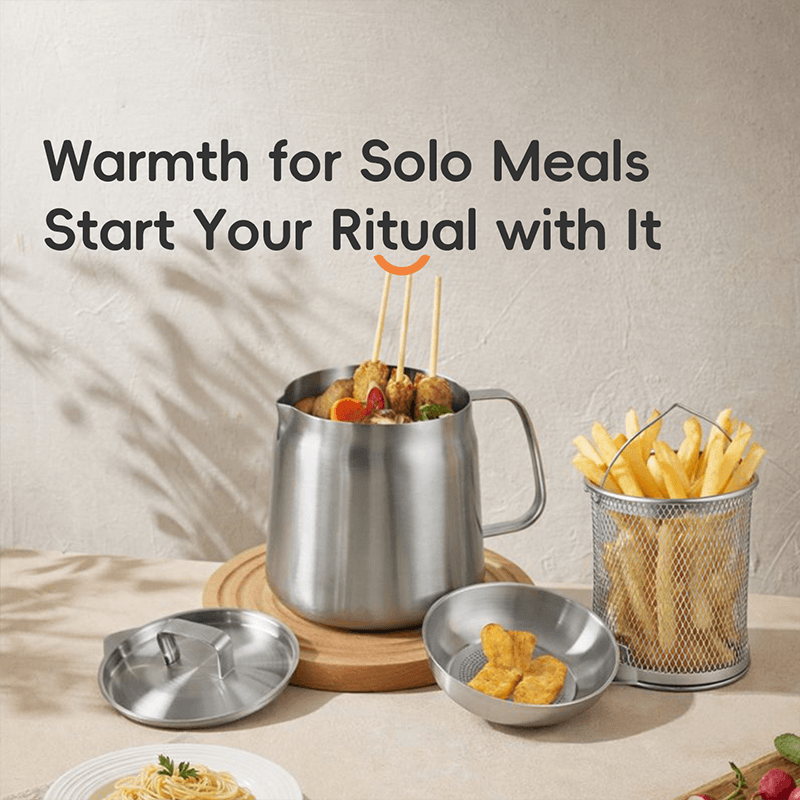 PURECOOK 304 RVS Oliefilterpot Serie – 2.0L 3-delig 304 RVS Oliefilterpot Set (met RVS deksel, zeef voor olie aftappen & frituurmandje)