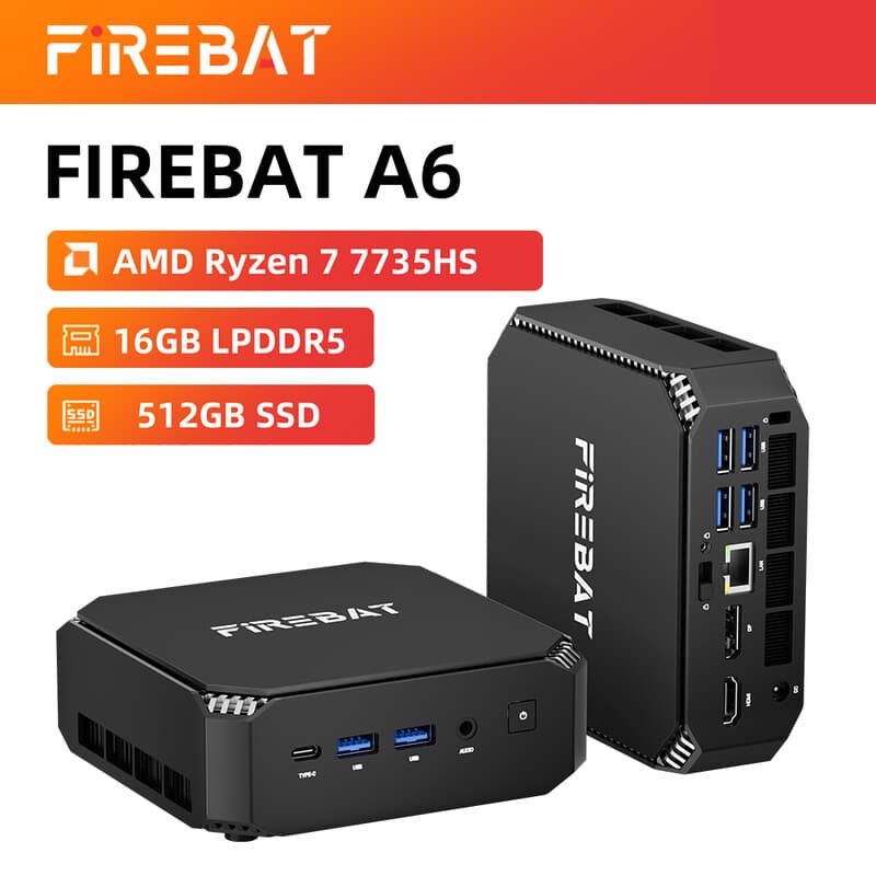 Firebat Mini PC A6 AMD Ryzen 7 7735HS | Radeon 680M | 16GB RAM, 512GB SSD | Dubbele M.2-slots, driemonitor-ondersteuning, wifi 6 - compacte, stille desktop voor thuis, kantoor en gaming