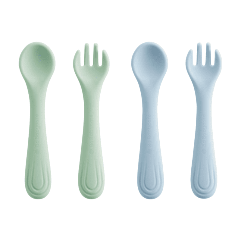 Bc Babycare siliconen vork en lepel, 2-delig, BPA-vrij, groen + blauw