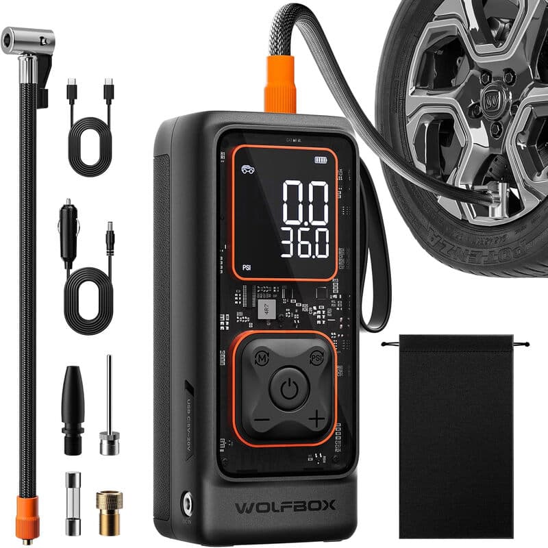 WOLFBOX 150PSI bandenopblazer, draagbare luchtcompressor, snoerloze luchtpomp voor auto's met digitaal manometer, draagbare bandenpomp, automatische uitschakeling, LED-zaklamp