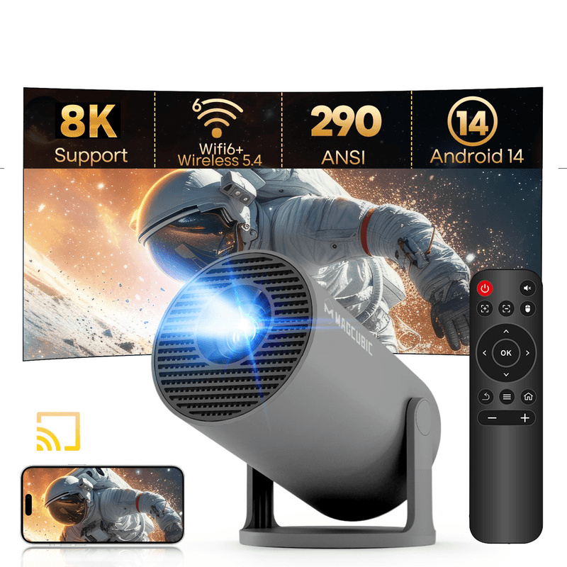 【Lite Entertainment】MAGCUBIC Mini-projector 8K 1080P met WiFi 6 & BT 5.4, 290 ANSI lumen, Android 14, automatische keystone-correctie, 180° rotatie, draagbare projector voor thuisbioscoop & buitenfilms HY300Pro Grijs