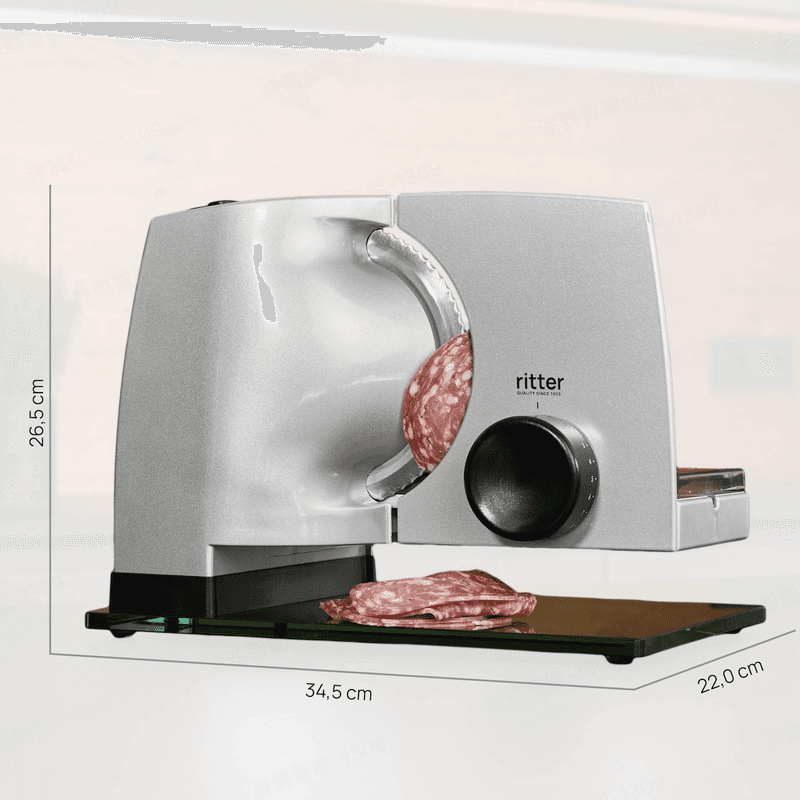 Ritter Sono¹ multifunctionele elektrische snijmachine – opzwaaiende metalen constructie, eenvoudig te reinigen afneembare slede & elegant onbreekbaar glasvoet, gemaakt in Duitsland