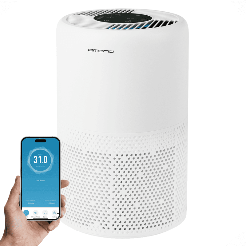 Emerio Luchtreiniger - 25m² - 52dB - HEPA 13 + Koolstof Filter - Ionisatie Functie - Luchtkwalititeitsindicator - met App - Timer Functie - Helpt tegen allergie & hooikoorts - AP-132324 Wit