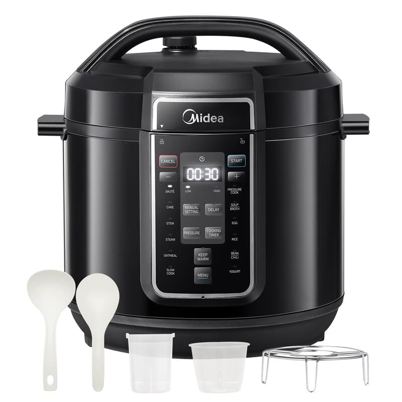 Midea 9-in-1 Snelle Elektrische Snelkookpan, 12 Voorgeprogrammeerde Programma’s, Directe Roestvrijstalen Multicooker met Anti-aanbakpan, Yoghurtmaker, Rijstkoker, Slowcooker, Roerbakken, Stomen, 7,6L, Zwart