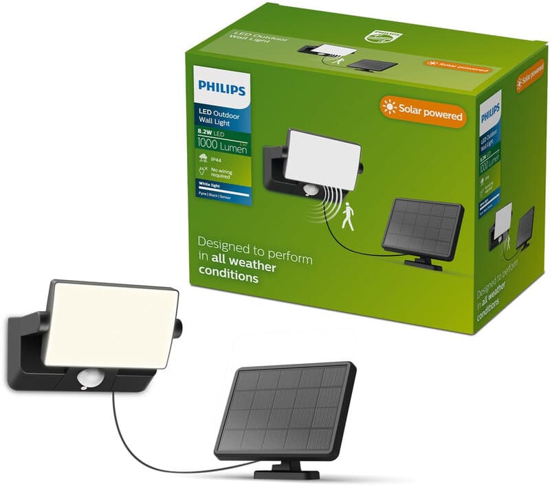 Philips Fyns Solar wandlamp - Zonne-energie - Helder wit licht: 3000K - Zwart - Twee lichtstanden - Schemersensor - Bewegingssensor - IP44: weerbestendig - Solar buitenverlichting - Beveiligingslamp