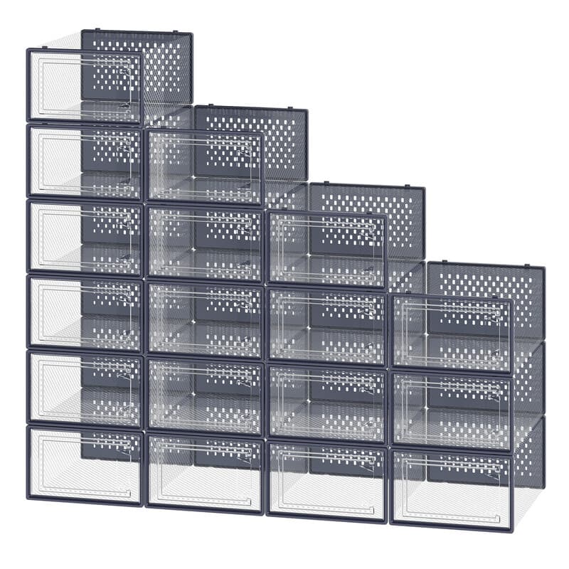 Ochama 18-delige set transparante & antracietblauwe schoenopbergdozen – stapelbaar, opvouwbaar, geschikt voor sneakers tot UK maat 8 – ruimtebesparende organizers voor kast of entree, 33.3x23x14cm