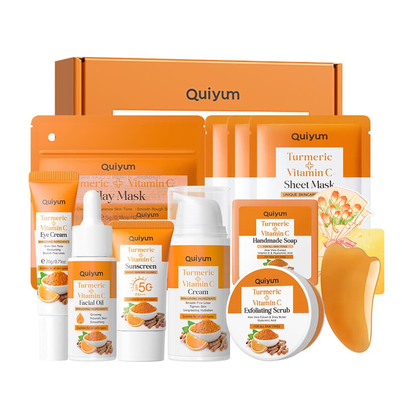 QUIYUM Nieuwjaarscadeau Turmeric en Vitamine C huidverzorgingsset - Turmericzeep 100 g, Scrub 100 g, Serum 17 ml, Oogcrème 20 g, Gezichtscrème 30 g, Gezichtsmasker 25 g×3, Zonnebrandcrème 50 g, Kleimasker 5 g×12, met gezichtsschraper