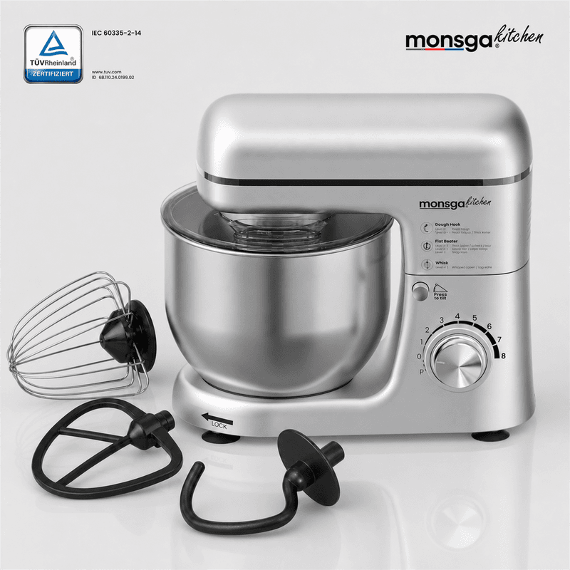 Monsga SM100 Keukenmachine, 1000W, Zwart/Zilver, 5,0L RVS Mengkom, 8 Snelheden, Stil, met Premium Teflon Kneedhaak (Extra Antiaanbaklaag & 260°C Hittebestendig), Garde, Klopper & Spatdeksel