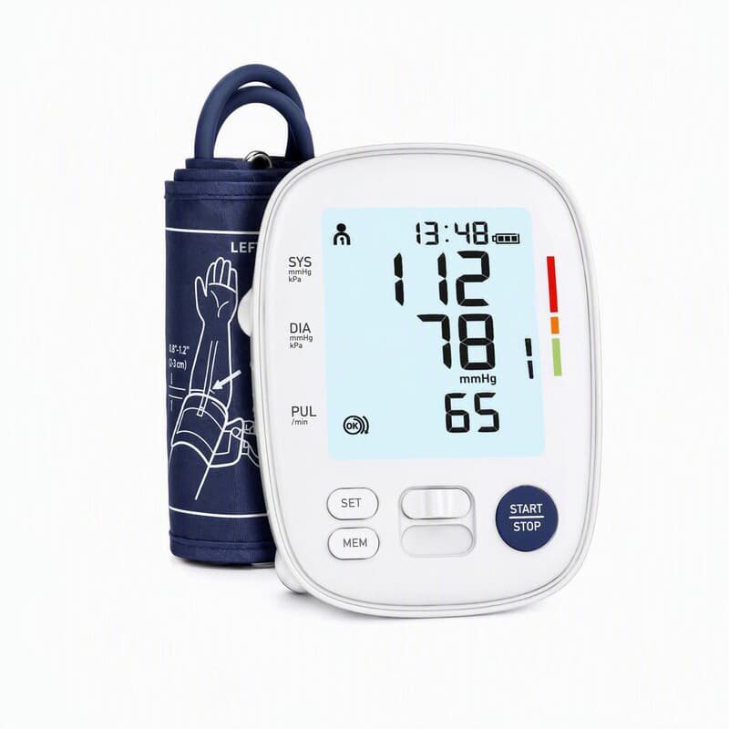 Treesmile FC-BP100 Bovenarm Bloeddrukmeter Wit Voor Thuisgebruik 22-42 cm Brede Manchet WHO Gekleurde Streep 2x120 Geheugen Dubbele Foutwaarschuwing Senior Gezondheidsmonitoring
