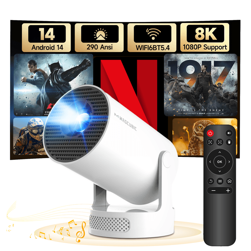 【Lite Entertainment】MAGCUBIC HY300Pro+ mini-projector, 8K 1080P-ondersteuning met WiFi 6 & BT 5.4, Android 14, 290 ANSI lumen helderheid met 5W Soundbase-speaker, automatische verticale correctie, 180° draaibaar, draagbaar voor thuis & buiten