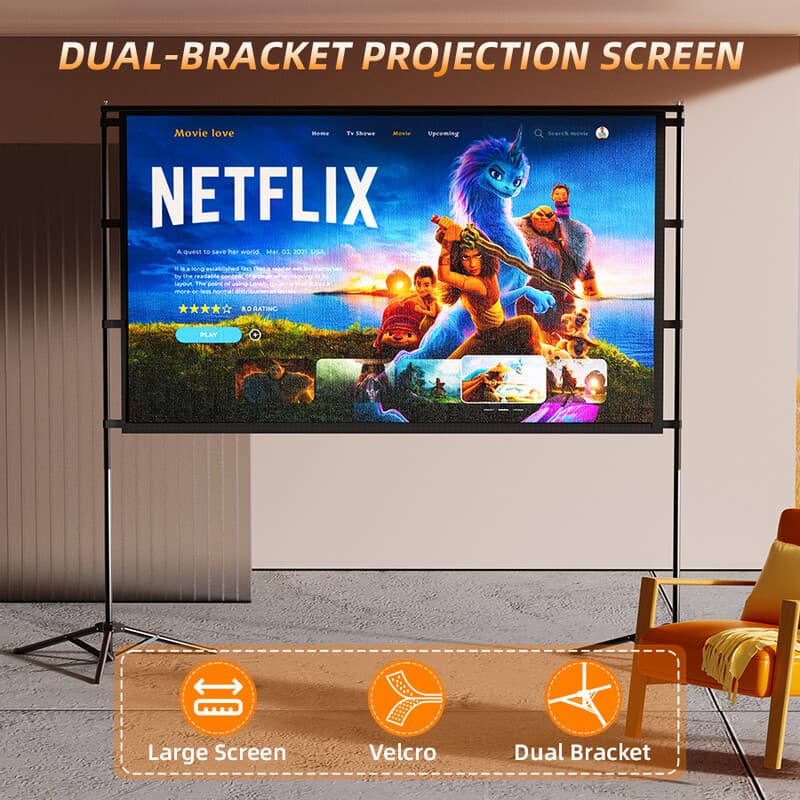 XBJ 72 inch draagbaar projectiescherm met statiefstandaard, opvouwbaar kreukvrij, 4 bevestigingstouwen, 6 grondpennen & draagtas voor buitenfilm, voetbalwedstrijd, kampeerfeest, bruiloftopname