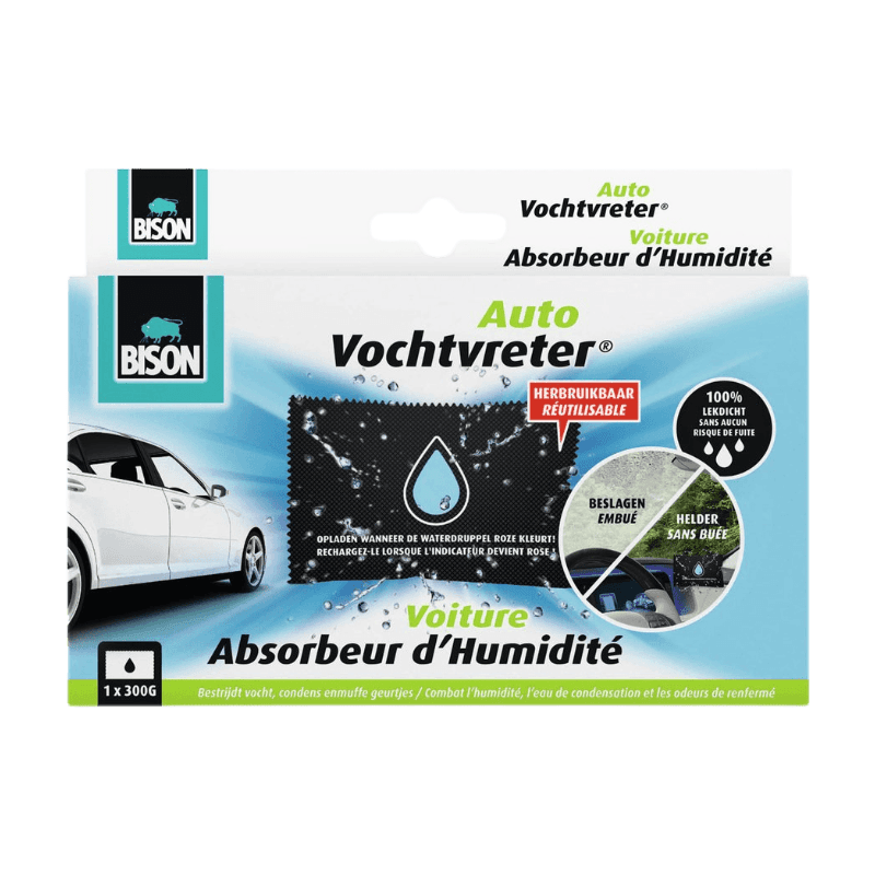 Bison Vochtvreter® Auto, luchtonvochtiger speciaal voor in de auto, bestrijdt vocht en condens in auto's, herbruikbaar, 300g, eenvoudig en veilig in gebruik