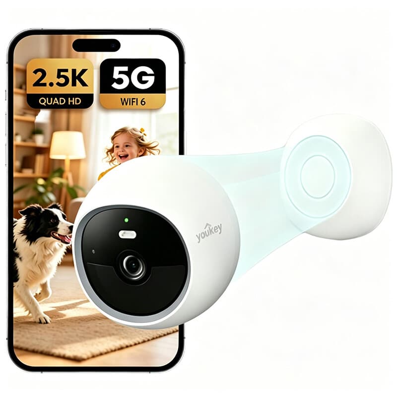 UNIVIEW Youkey S320 Magnetische Draadloze 2,5K QHD-Beveiligingscamera, Dual-Band WiFi 6, 150°-FOV, AI-Detectie van Personen en Huisdieren, Ingebouwde 8GB-Opslag, Kleur Nachtzicht, Geen Maandelijkse Kosten