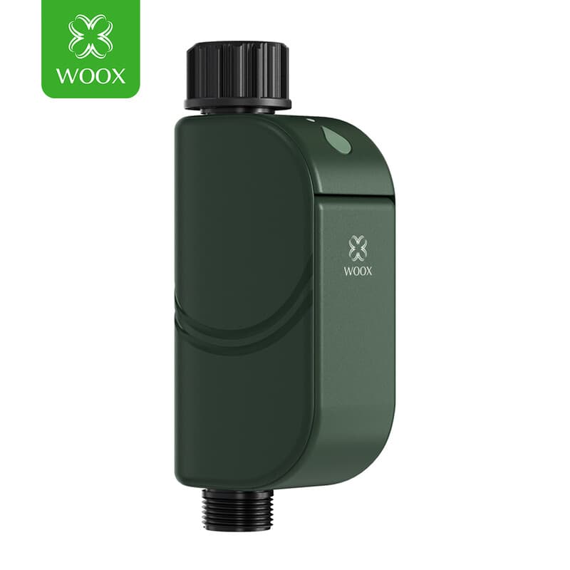 WOOX Slimme Wateringstimer R2603 Groen WiFi 6 2,4 GHz BLE 5,4 IP65 Buiten Tuin Besproeiingscontroller Bistabiel Elektromagnetisch Ventiel 4x AA Batterij 1,5 Jaar Levensduur 20 Programma's Regenvertraging Kinderslot Alexa Google 175x78x43,6 mm