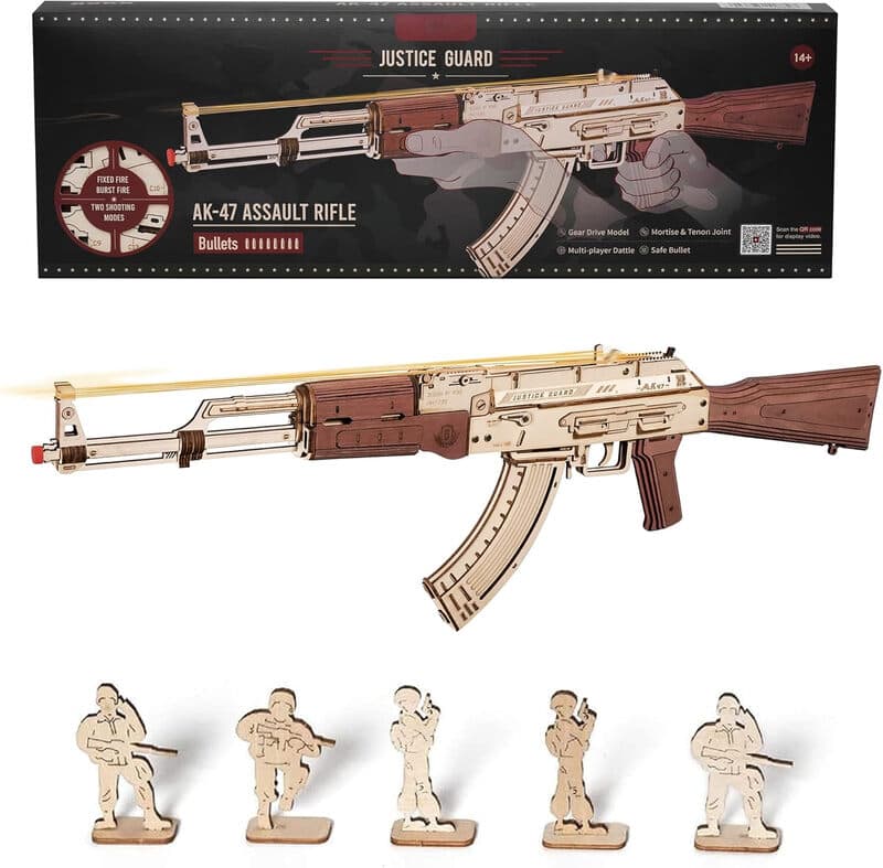 Robotime ROKR Justice Guard rubberen elastiekjespistool modelbouwset houten 3D-puzzel speelgoed 72 x 5,5 x 22 cm 1 stuk,Wooninrichting, boekenkastdecoratie,Handgemaakte cadeaus voor volwassenen en tieners,Onderwijs speelgoed