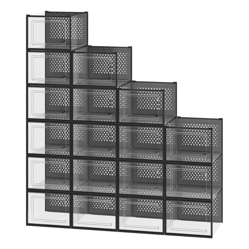 Ochama 18-delige set stapelbare schoenopbergcontainers – 35x25x18.5cm,Inktzwart, opvouwbaar ontwerp, geschikt voor sneakers tot UK maat 11 – veelzijdige organizers voor kast of hal