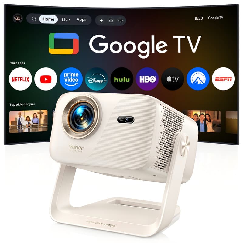 【Nieuw product lancering met beperkt tijd aanbiedingen】YABER L2 projector 520 ISO lumen, ingebouwde Google TV, dubbele 5 W luidsprekers, native 1080P FHD thuisbioscoop, 360° plafondbevestiging compatibel met flexibele standaard