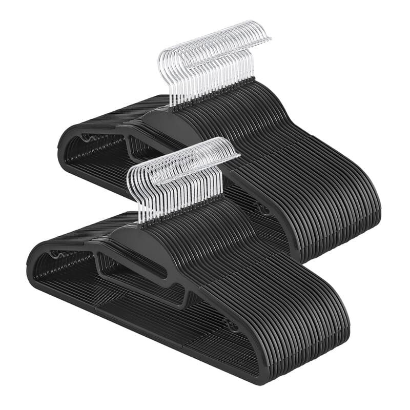Ochama 50-delige set plastic kledinghangers – Zwart, 41,5 cm lang, ultra-dun 0,5 cm profiel – U-vormige opening voor eenvoudig gebruik, antislip, ruimtebesparend, met 360° draaibare haak, 41x22x0.6cm