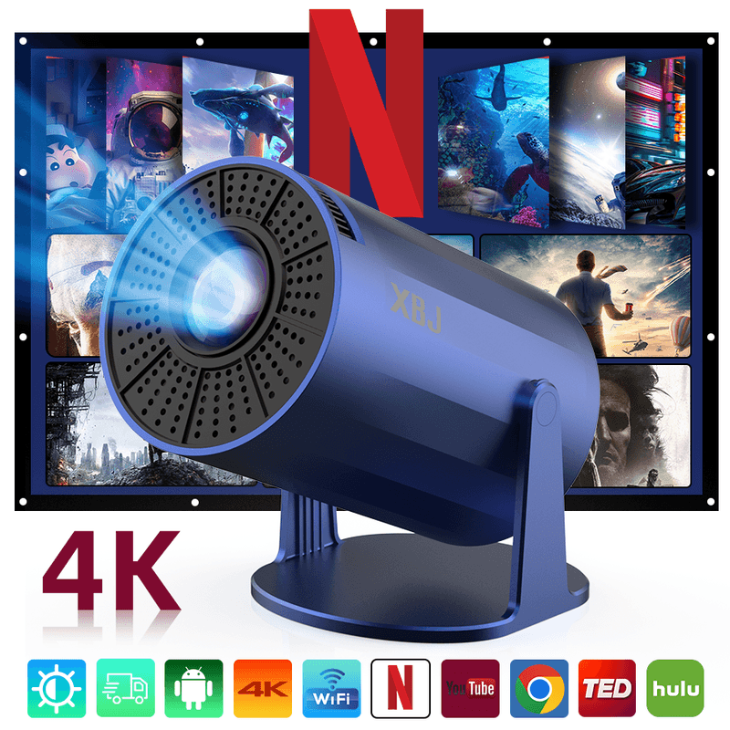 【Lite Entertainment | Verbeterde versie】XBJ draagbare blauwe projector met WiFi 6 & Bluetooth 5.2, slimme mini-projector, 1080P HD (4K-decodering), Android 11-systeem, automatische keystone + 180° draaibaar, 200 ANSI, 80-200" scherm voor slaapkamer/binnen