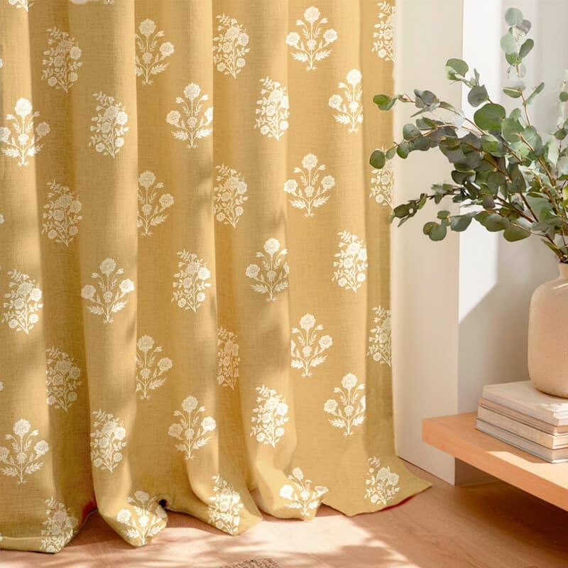 PONY DANCE gordijnen van imitatie linnen met bloemenpatroon, landelijke Franse stijl herfst, privacy en lichtdoorlatend voor woonkamer/slaapkamer/eetkamer/thuiswerkplek, mosterdgeel, 132 x 245 cm, set van 2 panelen