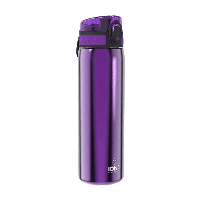ION8 lichtgewicht stalen waterfles, 600 ml/20 oz, niet geïsoleerd, lekvrij, eenvoudig te openen, veilige vergrendeling, vaatwasserbestendig, flip-dop, past in bekerhouders, draaggreep, metalen waterfles, metallic paars