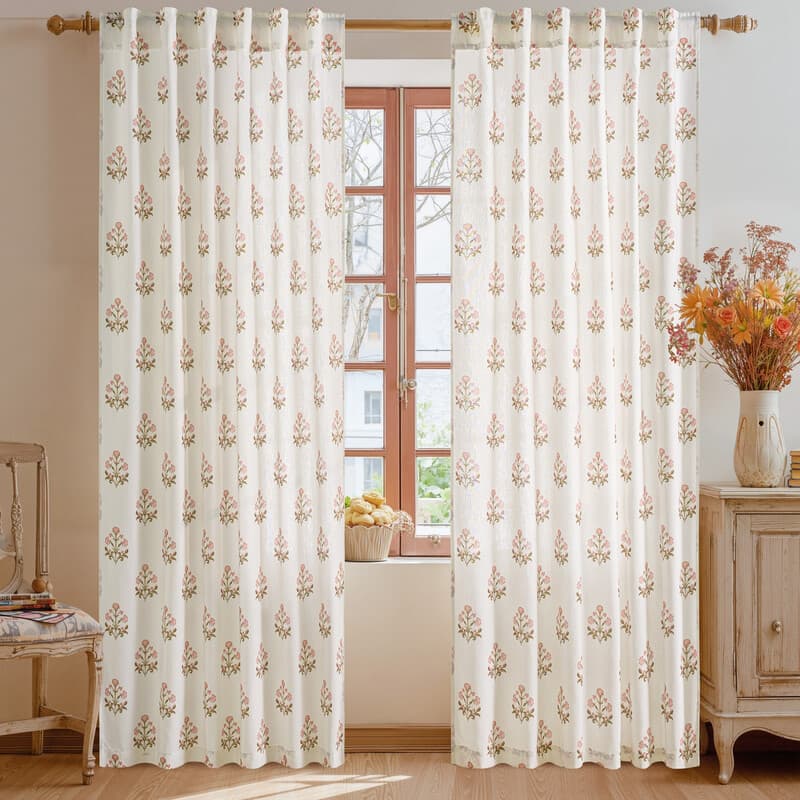 PONY DANCE Bloemen Gordijnen met Lussen en Roedezak, Landelijke Botanische Print, Voor Woonkamer en Slaapkamer, 2 Panelen, B132 x L220 cm, Mandarijnroze