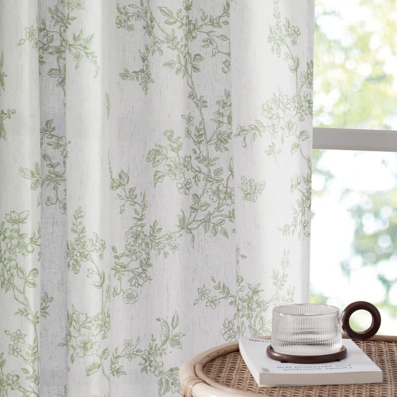 PONY DANCE Bloemgordijnen voor woonkamer, halfdoorzichtige linnen draperieën met botanische wijnrankprint, lus en roedezak voor privacy, natuur geïnspireerde woondecoratie, 2 panelen, B132 x L220 cm, saliegroen