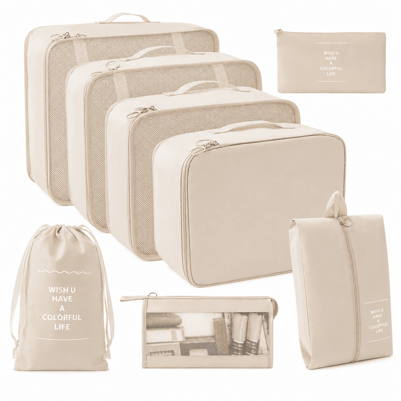 VoxorAI: Populaire reistassen in crèmekleurig design. Ideaal voor het vervoeren van kleding, toiletartikelen en andere spullen tijdens het reizen. Compleet set van acht artikelen voor het organiseren van je spullen tijdens het reizen.