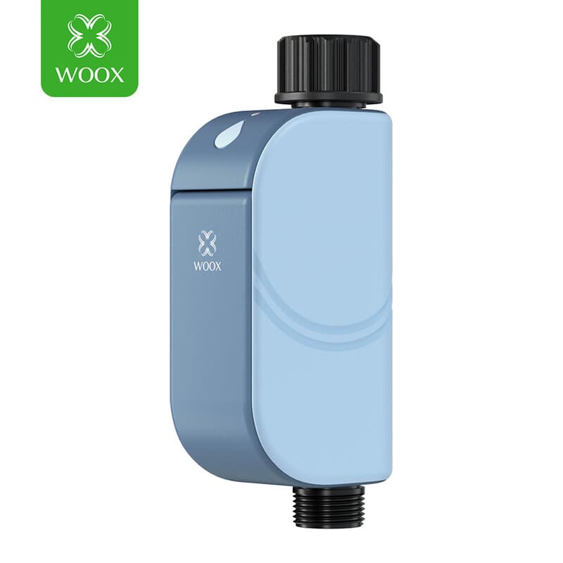 WOOX Slimme Besproeiingstimer R2604 Blauw WiFi 6 802.11ax 2,4 GHz BLE 5.4 IP65 Buiten Tuin Besproeiingscontroller Bistabiel Elektromagnetisch Ventiel 4x AA Batterij 1,5 Jaar Levensduur 20 Onafhankelijke Plannen Regenvertraging Kinderslot Alexa Google Assi