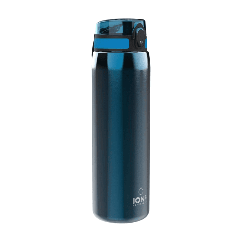 ION8 lichtgewicht 1 liter stalen waterfles, niet geïsoleerd, lekvrij, eenvoudig te openen, veilige vergrendeling, vaatwasserbestendig, flip-dop, draaggreep, ideaal voor reizen en een actieve levensstijl, metallic blauw