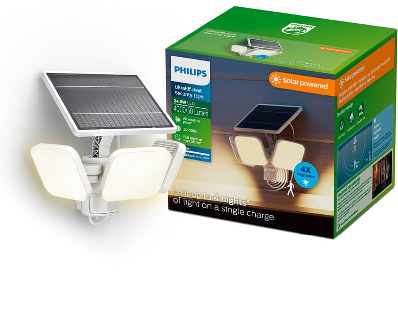 Philips UltraEfficient Zyren Wandlamp - Solar Beveiligingslamp - Bewegingssensor - Helder wit licht: 3000K - 24,5W - Wit - Twee lichtstanden - Schemersensor - Zonne-energie - Waterbestendig