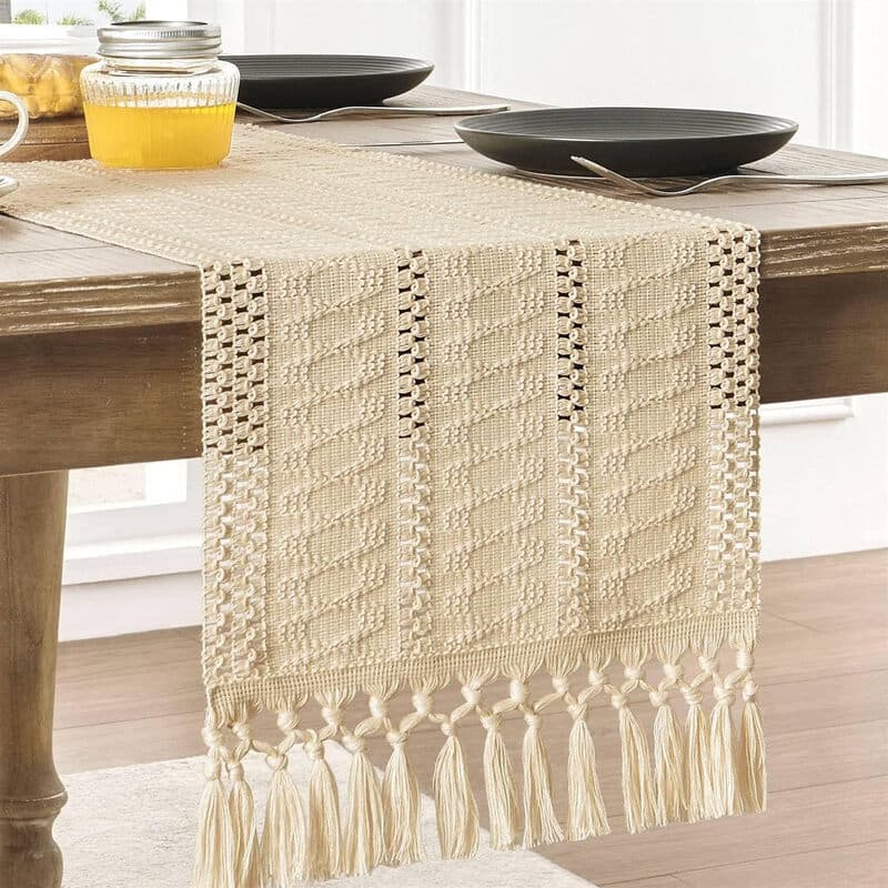 Boho tafelloper 5-delige set tafelloper en placemats, landelijke rustieke eettafel- en keukendecoratie, kleine macramé geweven tafelloper voor dressoir of salontafel, woondecoratie 12x72 inch*1, 12.5x16.5 inch*4, beige