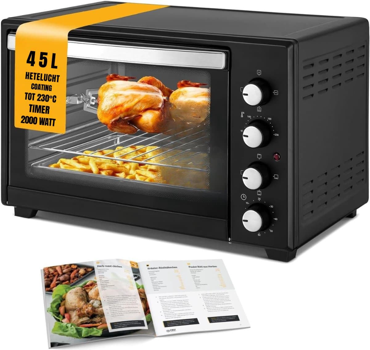 RVV® Heteluchtoven - Oven - Airfryer Oven - 45 Liter - 2000 Watt - Zwart - 56cm x 41cm x 35cm