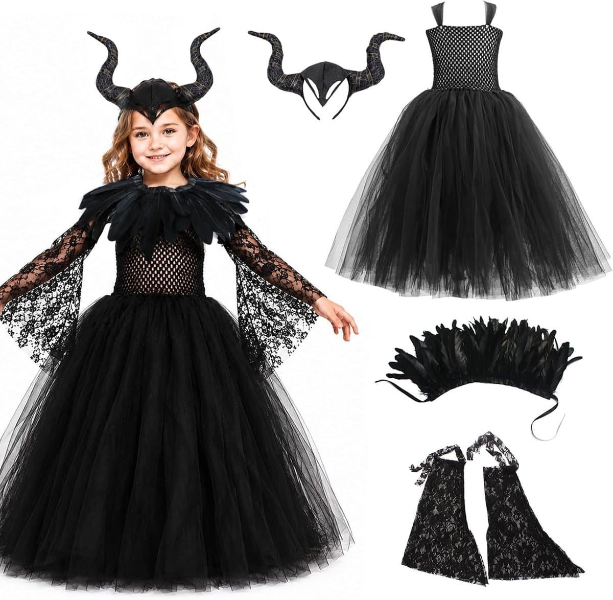 Boze jurk voor kinderen met hoorns, hoofdtooi en veerkraag - Perfect voor Halloween en verkleedfeestjes
