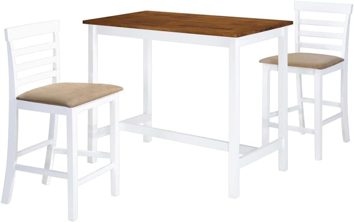 Bartafel set met 2 barstoelen, massief hout, zitgroep van MDF-hout, balkonset, eetgroep, keuken, eetkamer, bar, bruin en wit