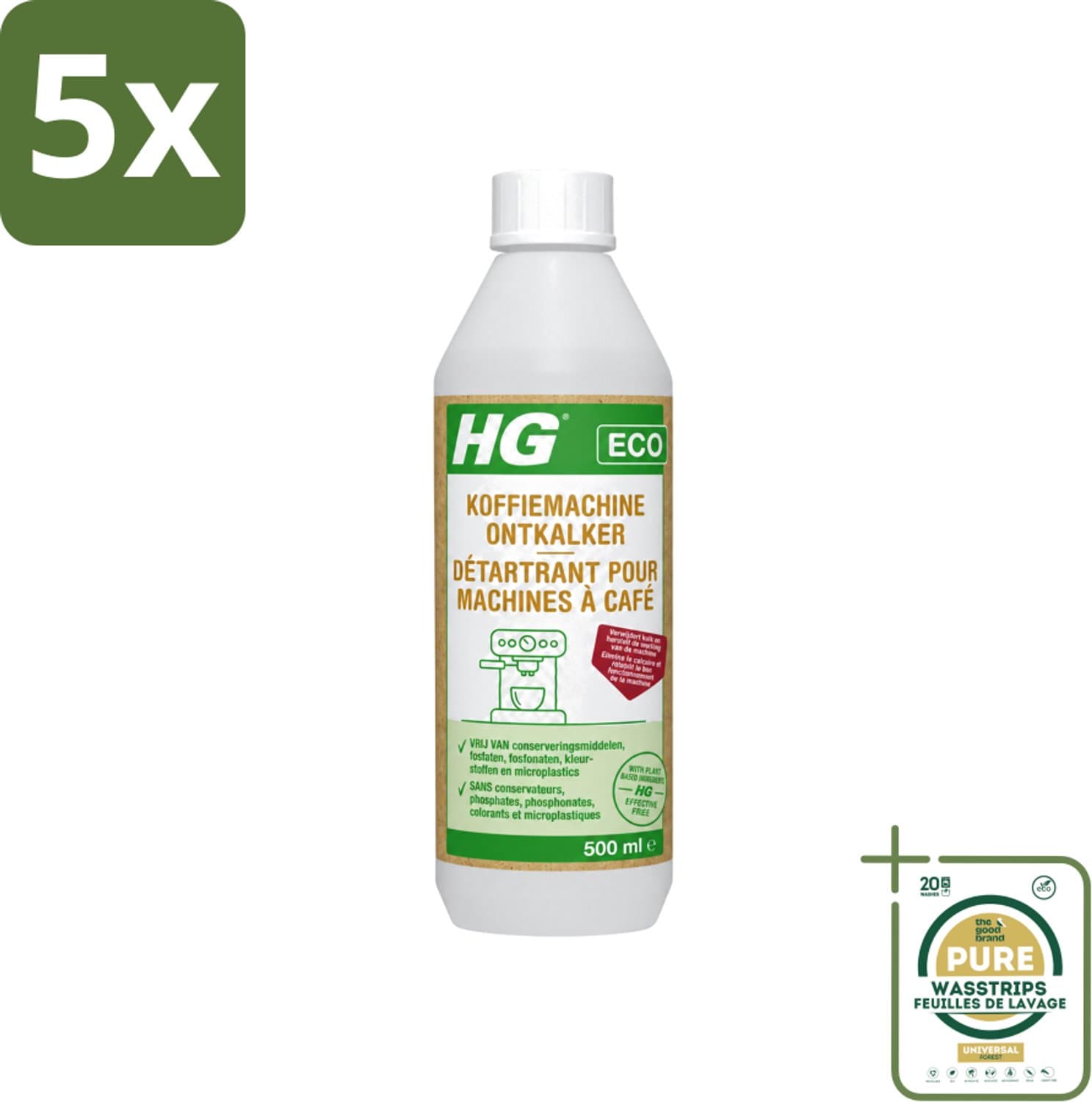 5 x HG ECO - Koffiemachine Ontkalker - Op Basis Van Citroenzuur - 6 Reinigingsbeurten - 500 ml - Wasstrips - Koffiemachine Ontkalker - Citroenzuur - Kalkaanslag Verwijderen - Espresso Machine Ontkalker - Padkoffiemachine Ontkalker
