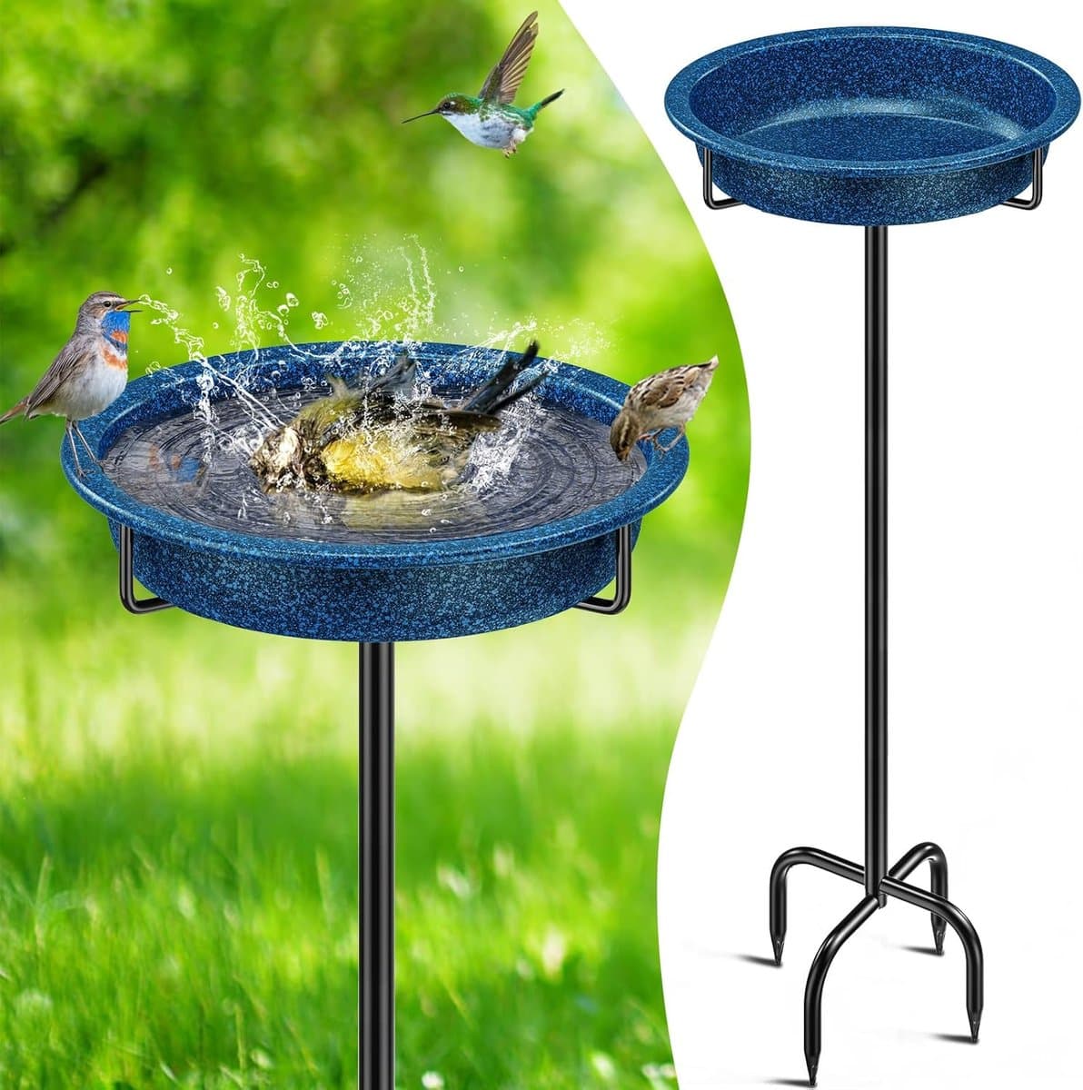 Vogelvoeder en drinkbak - Metalen bad - Tuindecoratie - Vorstbestendig ontwerp - 102 cm hoog - Blauw