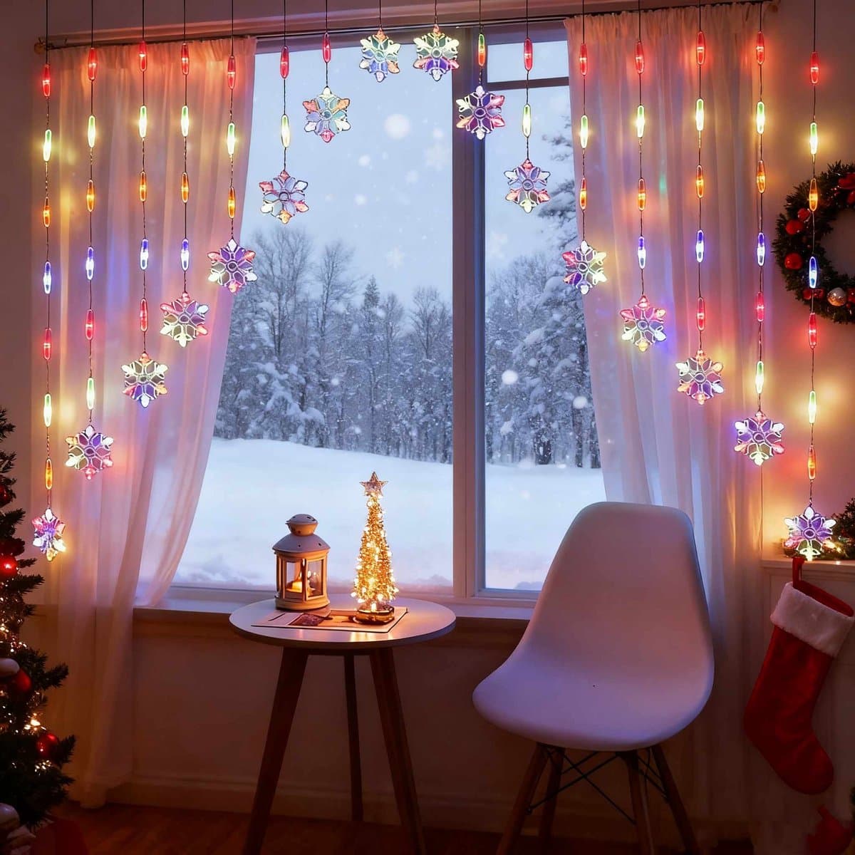 Meedeer Kerstverlichting-Led-lichtsnoer-2.5m-152Leds-8 Lichtstanden-met stroom-sneeuwvlok venster-gekleurd licht voor Kerstmis verjaardag party bruiloft(M)