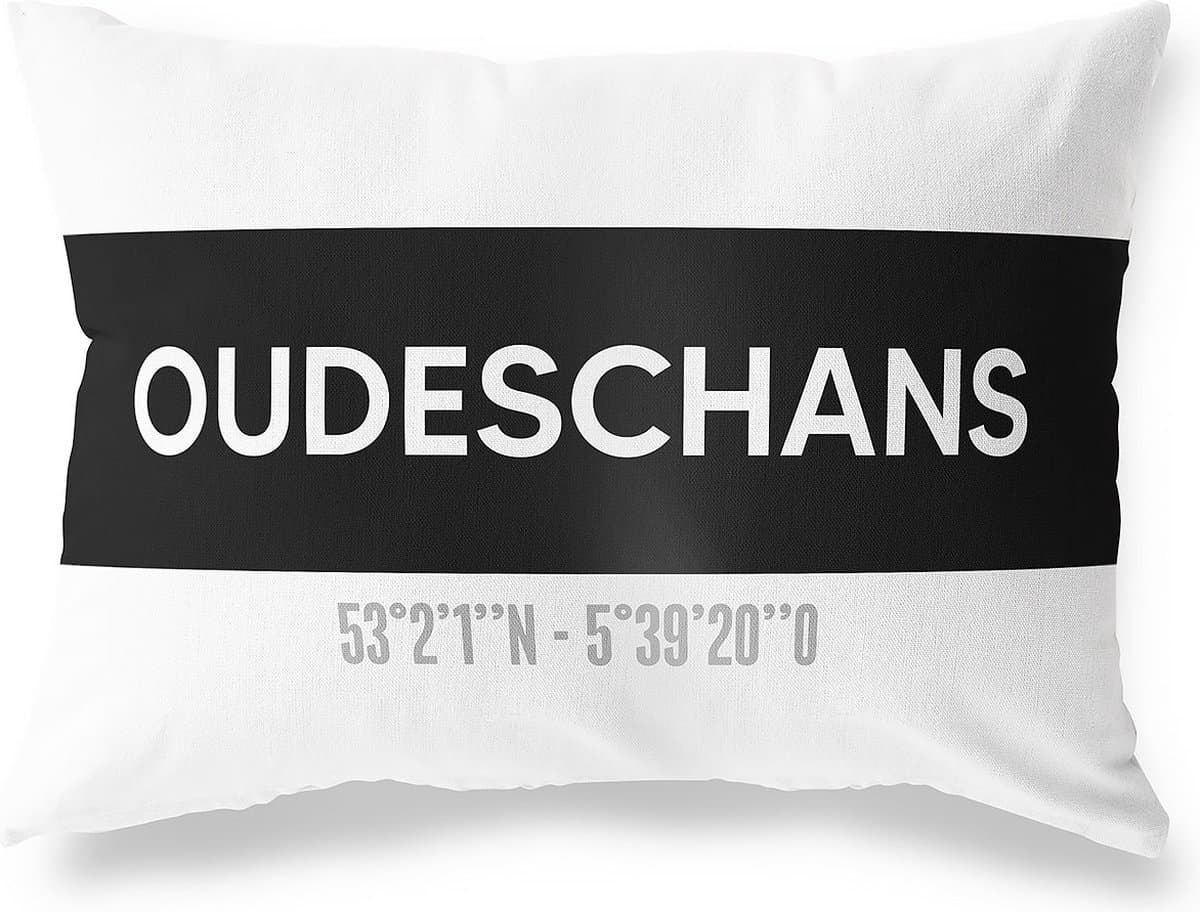 Tuinkussen OUDESCHANS - GRONINGEN met coördinaten - Buitenkussen - Bootkussen - Weerbestendig - Jouw Plaats - Studio216 - Modern - Zwart-Wit - 50x30cm