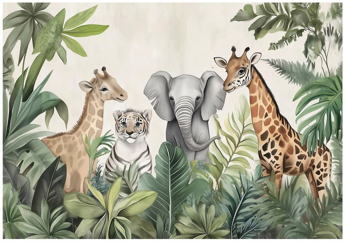 WALLARENA - Fotobehang - 200x140 cm - fotobehang voor kinderen met jungle dieren voor de kinderkamer