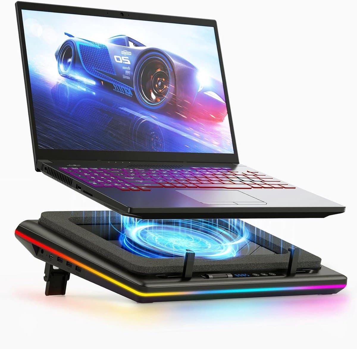 Laptop Cooling Pad with Powerful Turbo Fan RGB Laptop Cooler Radiator with Infinitely Adjustable Speed Touch Control LCD Display 3-Port USB Sealing Foam of Laptops 38-48cm