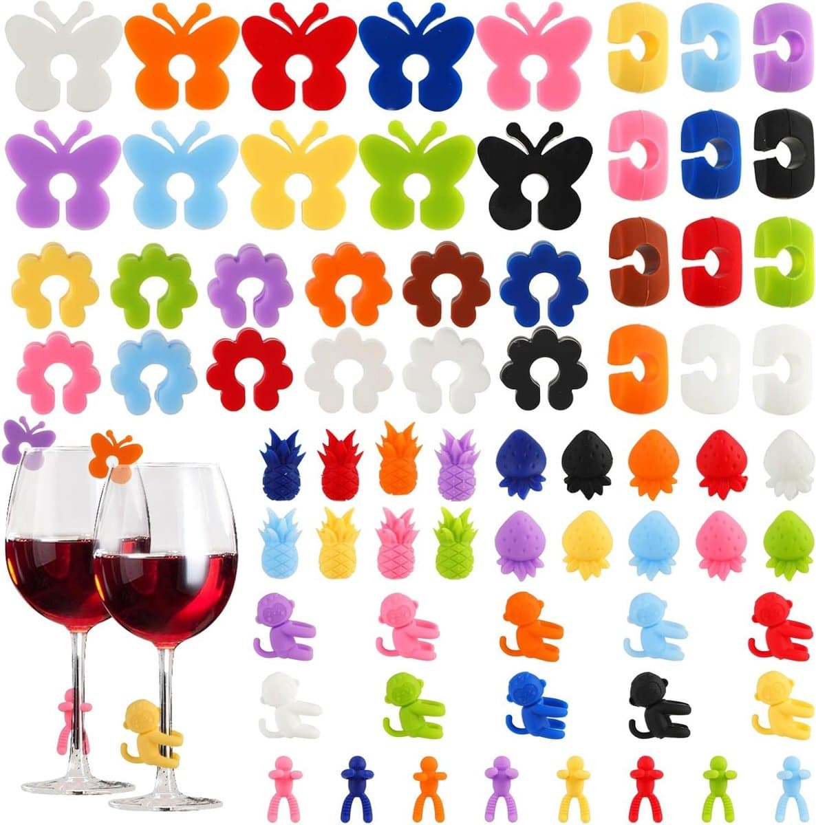 Drankmarkeringen Set - Glasmarkers Herbruikbaar - Feestelijke Glazen Markeren - Kleurrijk Siliconen Ontwerp - 70 Stuks - Multicolor