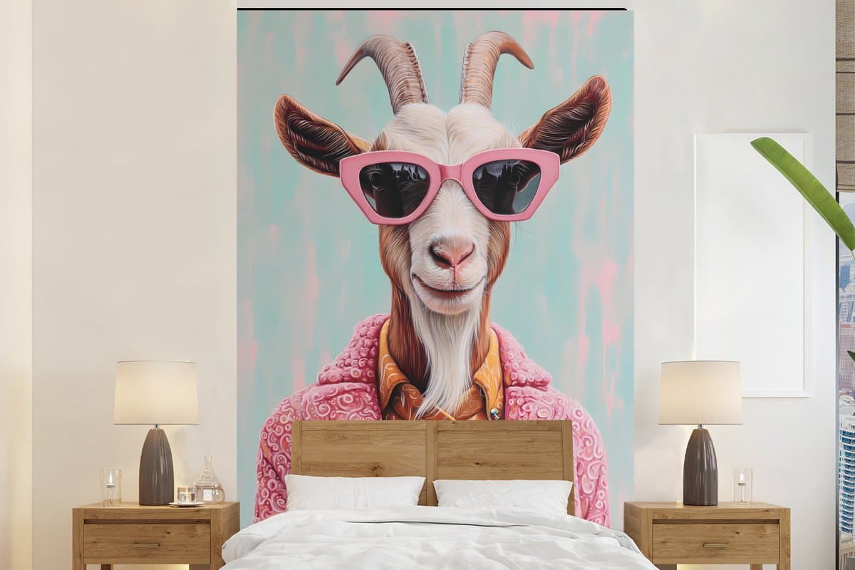 Behang - Fotobehang Zonnebril - Roze - Geit - Horen - Breedte 200 cm x hoogte 300 cm