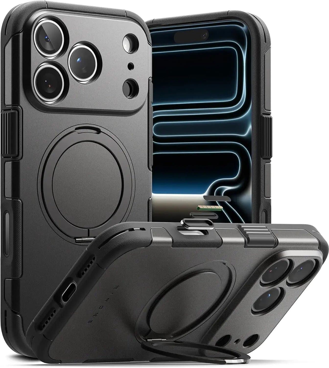 Ringke Alles - Hoesje Geschikt voor Apple iPhone 18 Pro Max / 17 Pro Max - Compatibel met MagSafe / Qi2 - Rugged Back Cover - Beschermhoes 360° Draaibare Magnetische Standaard - Grijs