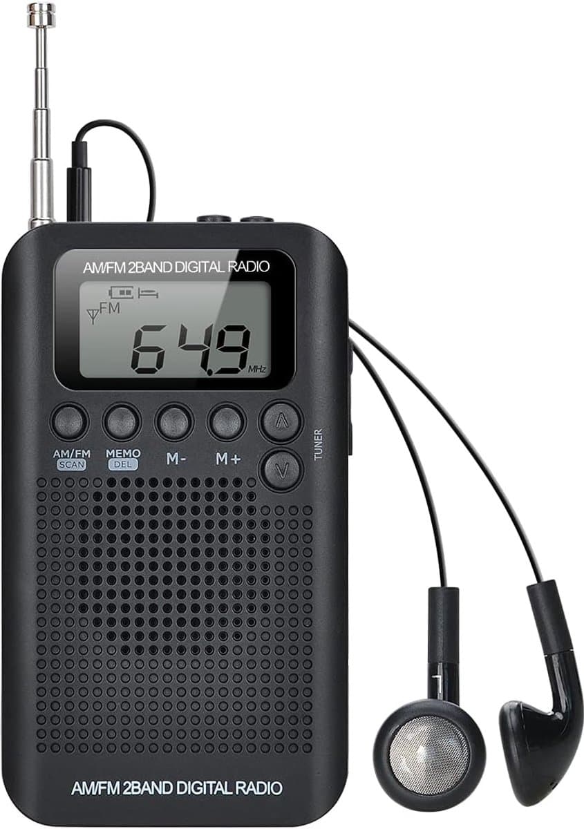 104-BK Digitale AM/FM 2-bandsradio, 12/24u tijdweergave, batterijgevoede radio, persoonlijke stereoradio met hoofdtelefoon, luidspreker, wekker en timer voor hardlopen, joggen