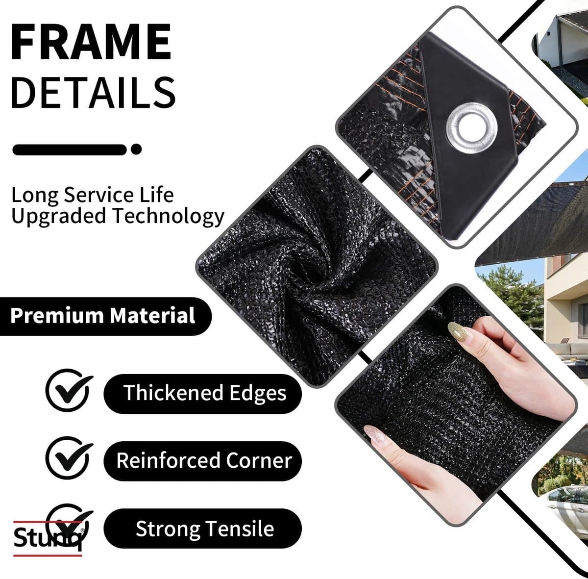 Stunq® Zwart schaduwdoek met ringen – zonwering voor tuin, pergola en zwembad