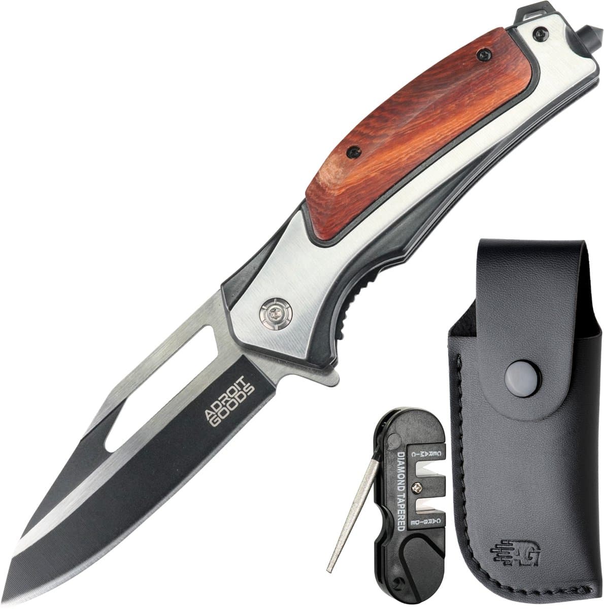 AdroitGoods RVS zakmes met rood sandelhout – incl. hoes en slijptool - Premium opvouwbaar tactisch mes met houtgreep - Outdoor survival knife
