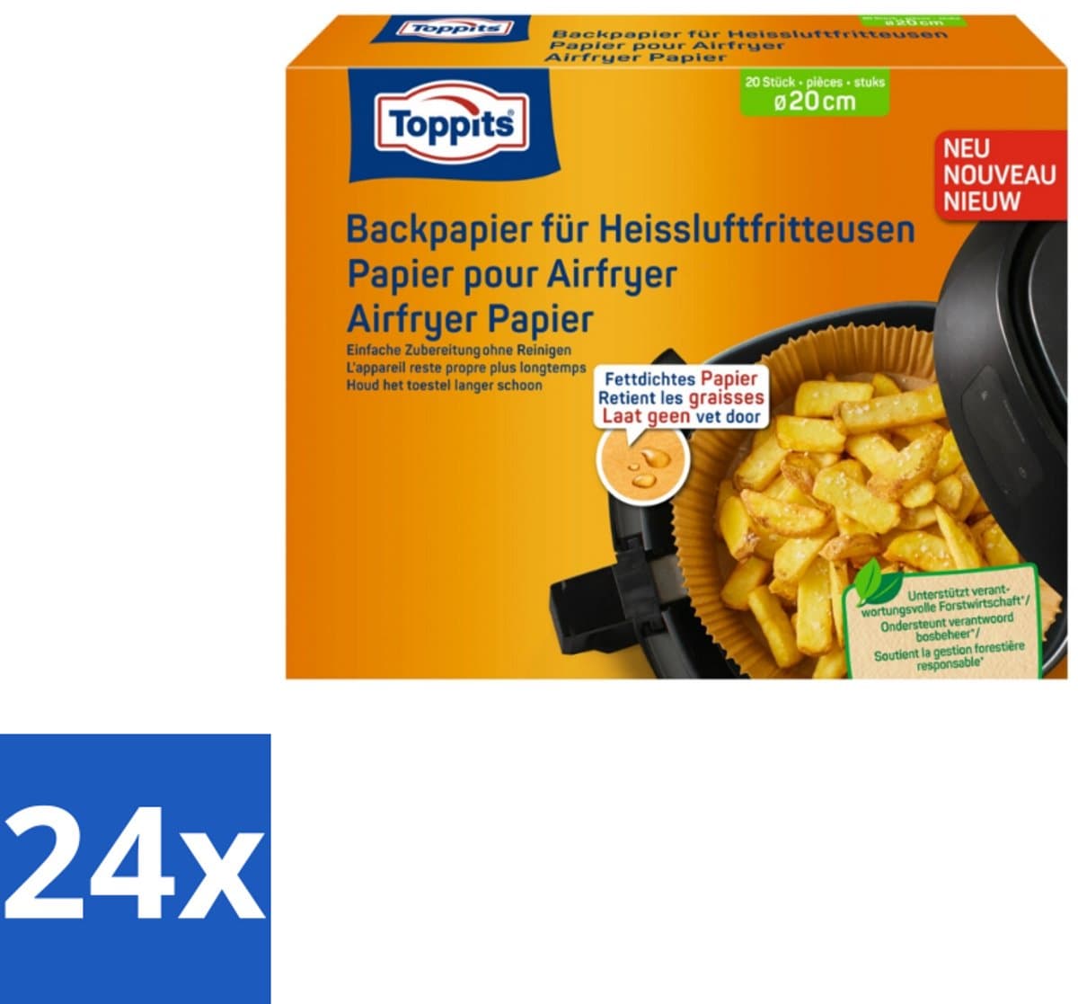 24 x Toppits – Airfryer Papier – 20 cm – 20 Zakjes - Airfryer Bakpapier - Bakpapier Airfryer - Gezond Bakpapier - Vetabsorberend Bakpapier - Koken Met Airfryer